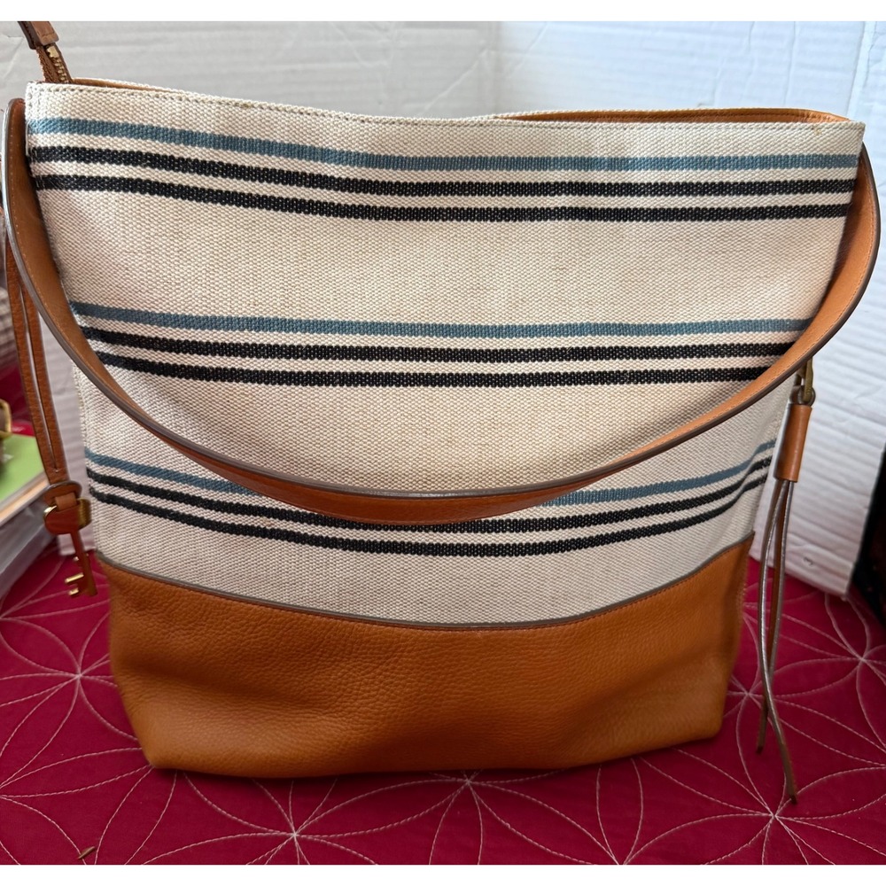 Fossil Maya Hobo Bag Striped Canvas Leather Shoulder Crossbody Tan Blue ZB7230